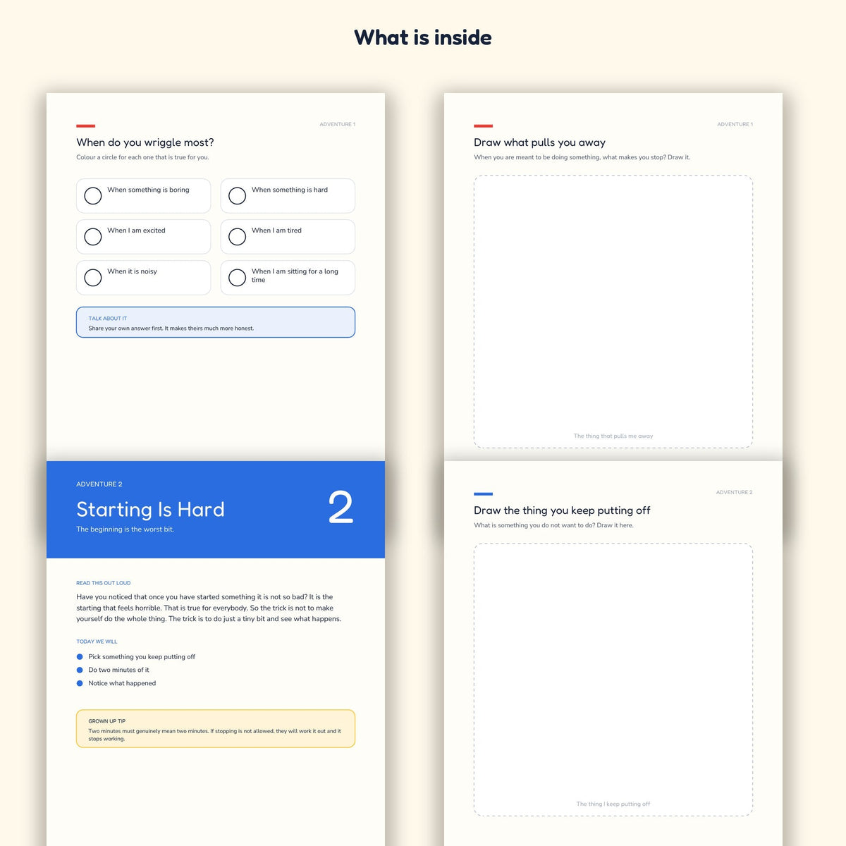 Four pages from the My Calm Kit workbook