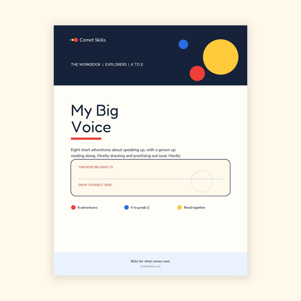 My Big Voice workbook cover, Comet Skills Explorers edition for kindergarten to grade 2