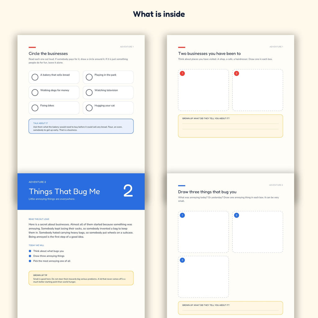 Four pages from the My First Business workbook