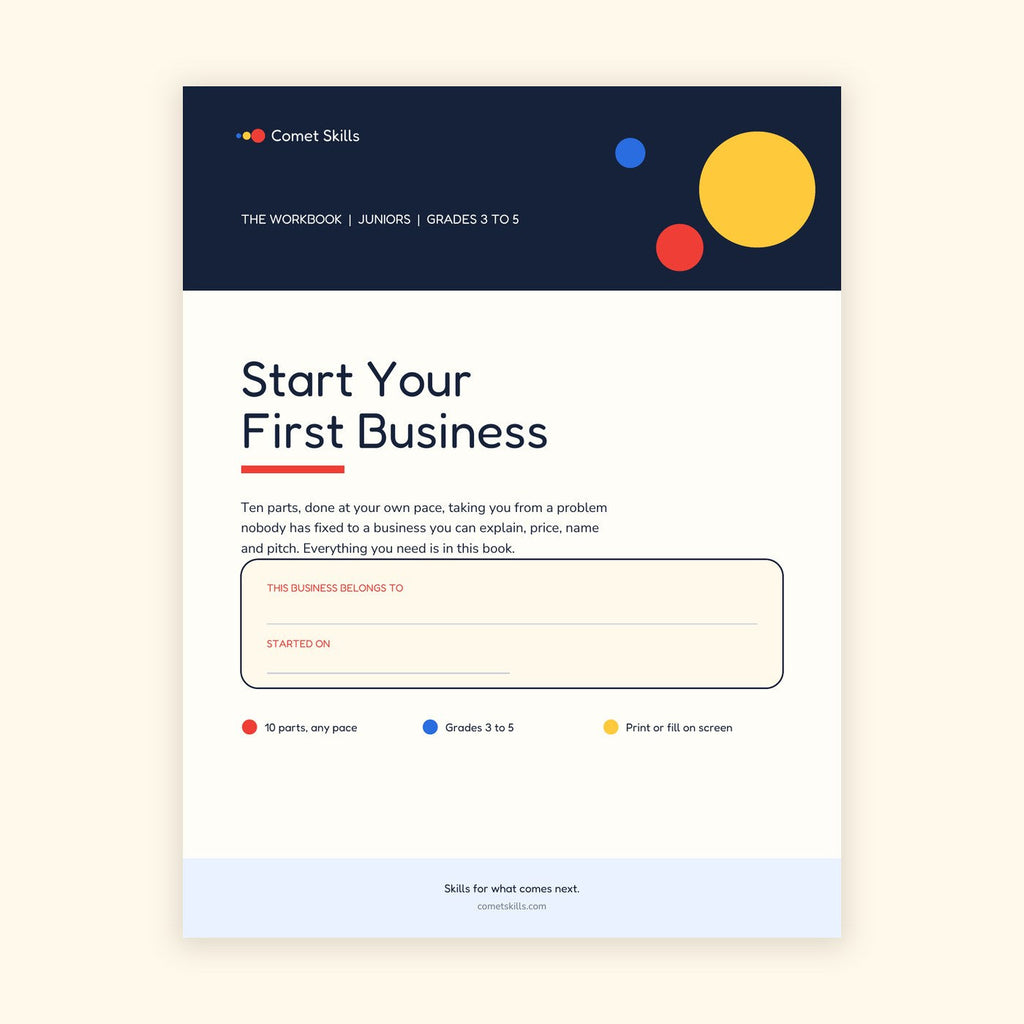 Start Your First Business workbook cover, Comet Skills Juniors edition for grades 3 to 5