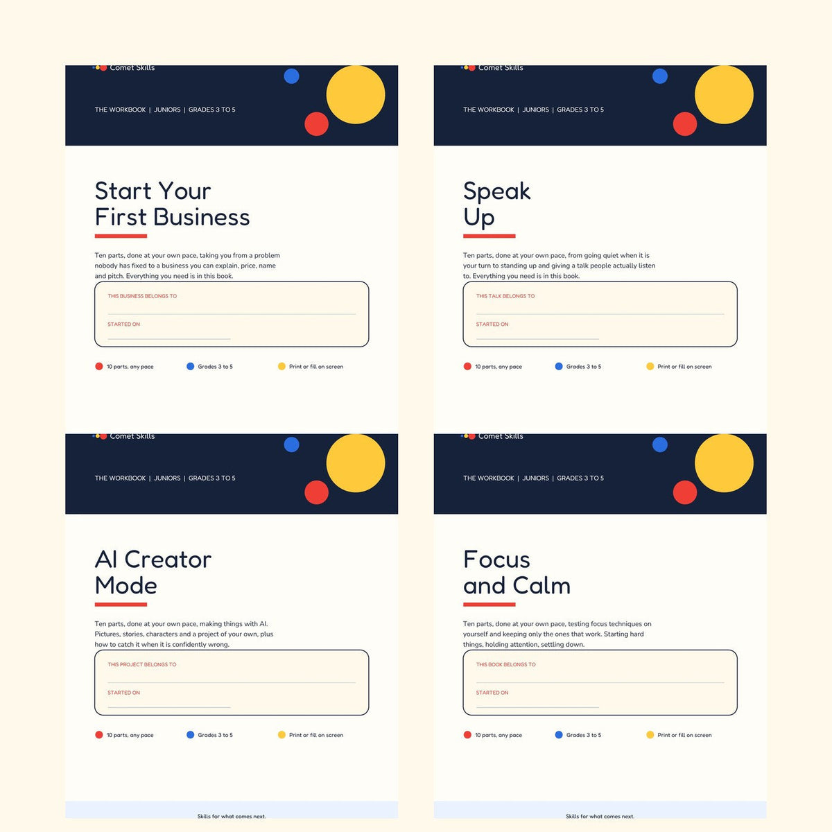 Comet Skills workbook bundle showing all four subject covers
